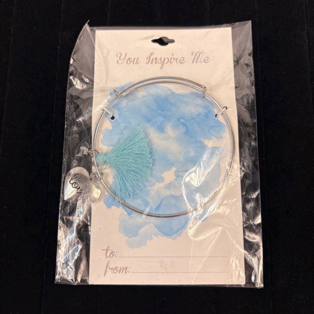 NWT Silver Bangle Bracelet w/ Blue Tassel & Love Charm